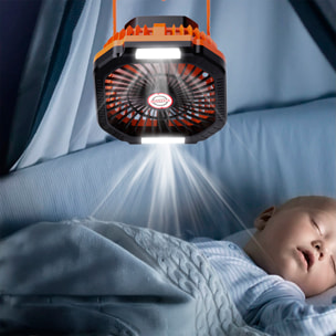 Ventilatore P10 con motore senza spazzole, LED con 16 luci, 4 velocità, 3 livelli di luce e 3 timer. Include telecomando e powerbank da 7800 mAh.
