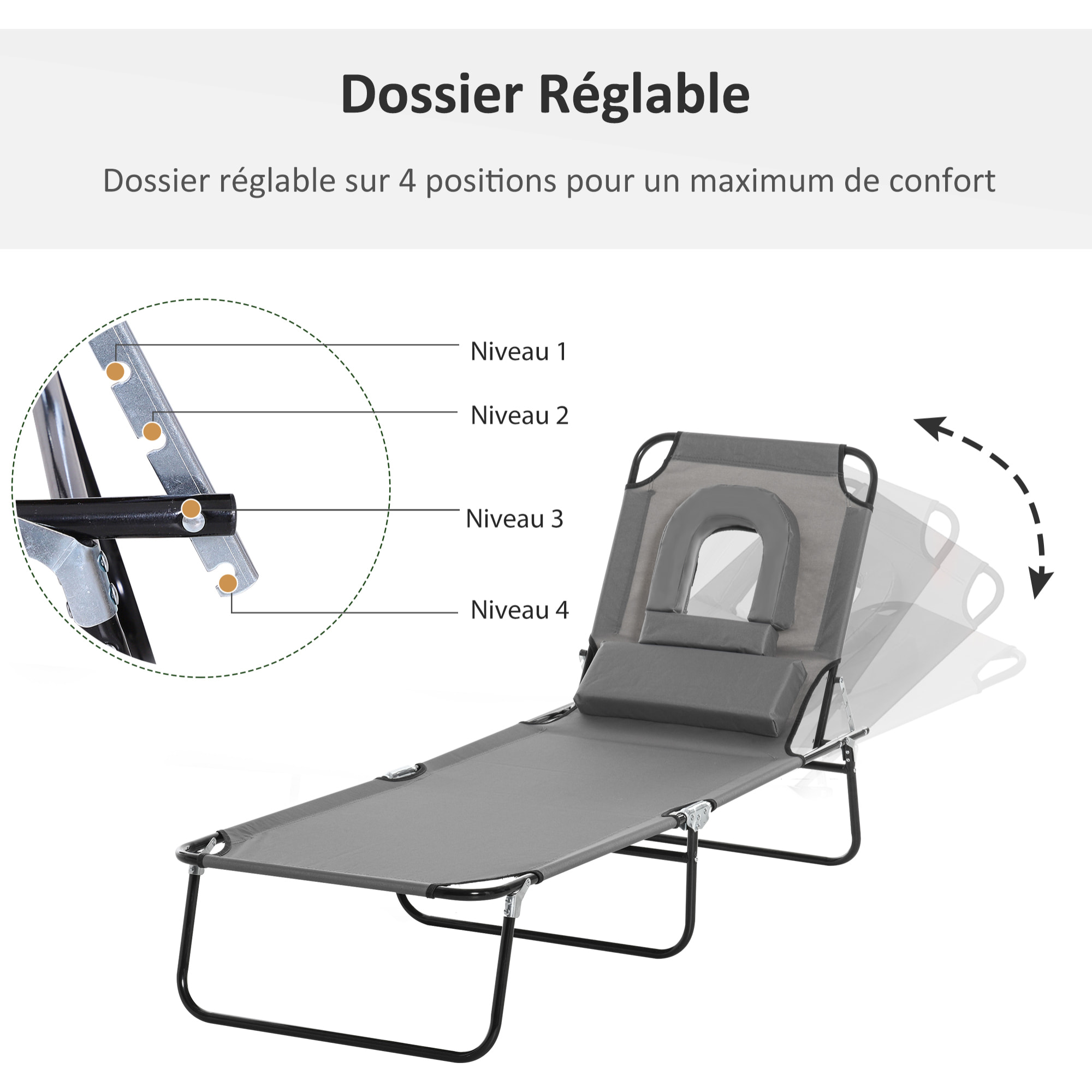 Bain de soleil pliable – Dossier 4 positions – Coussins inclus