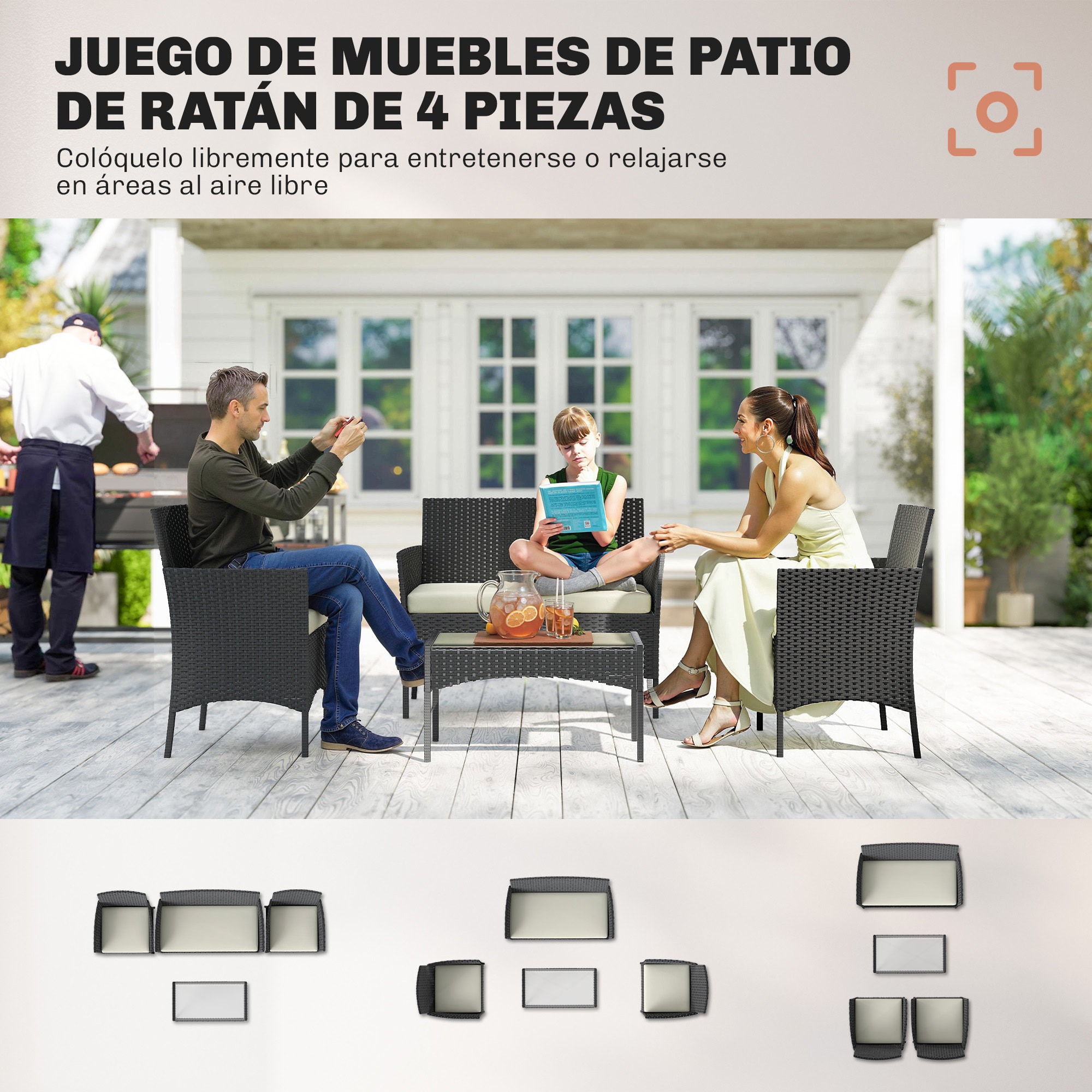 Conjunto Jardín Exterior de Ratán con Cojines Conjunto Terraza Resistente a la Intemperie Muebles Jardín Exterior con 2 Sillones Sofá de 2 Plazas Mesa con Cristal Negro y Crema