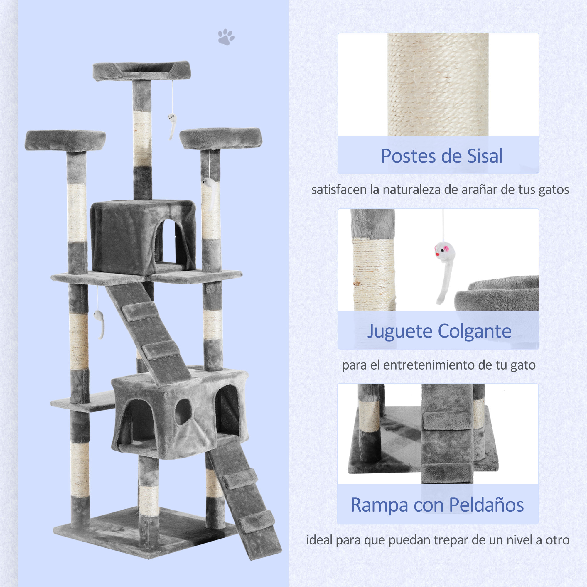 árbol Rascador para Gatos Grande 49x49x173 cm con Múltiples Niveles con Cuevas Escaleras Juguetes Colgantes Camas Centro Actividades Sisal Gris