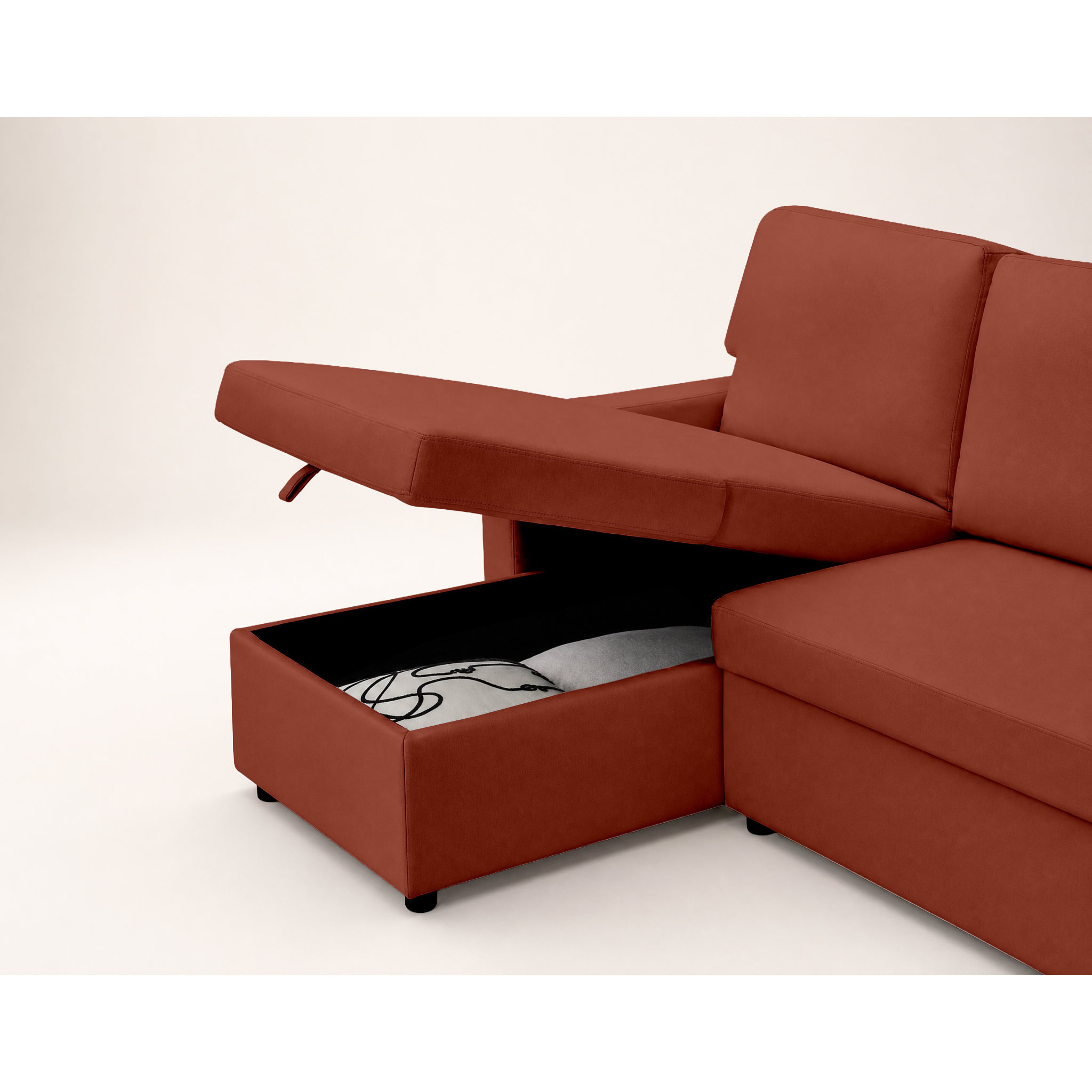 Meiya - canapé d'angle réversible 4 places convertible avec coffre en tissu - Terracotta
