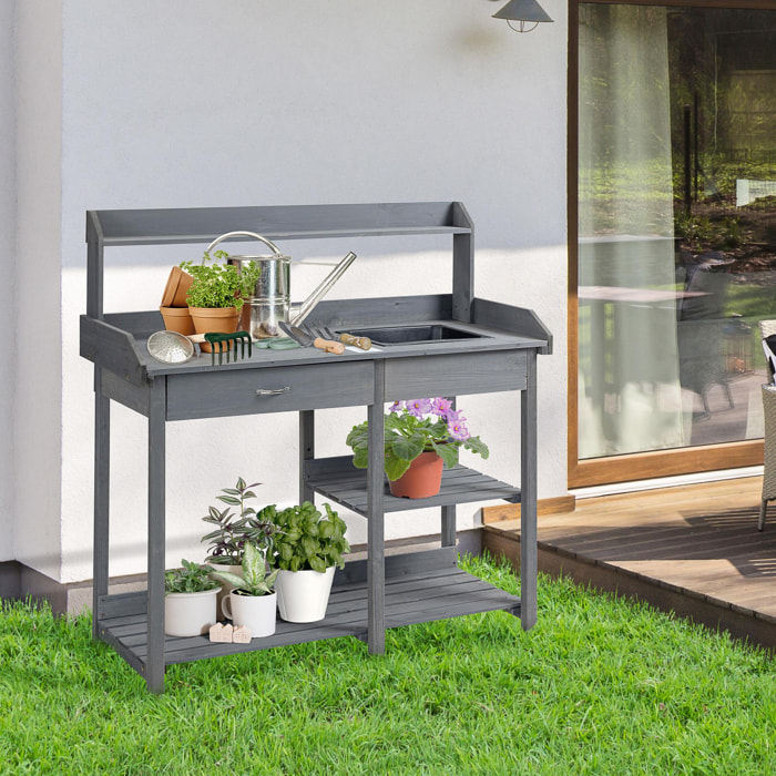 Table de rempotage jardinage multi-équipée - tiroir, 3 étagères, évier, 3 crochets - bois sapin pré-huilé gris