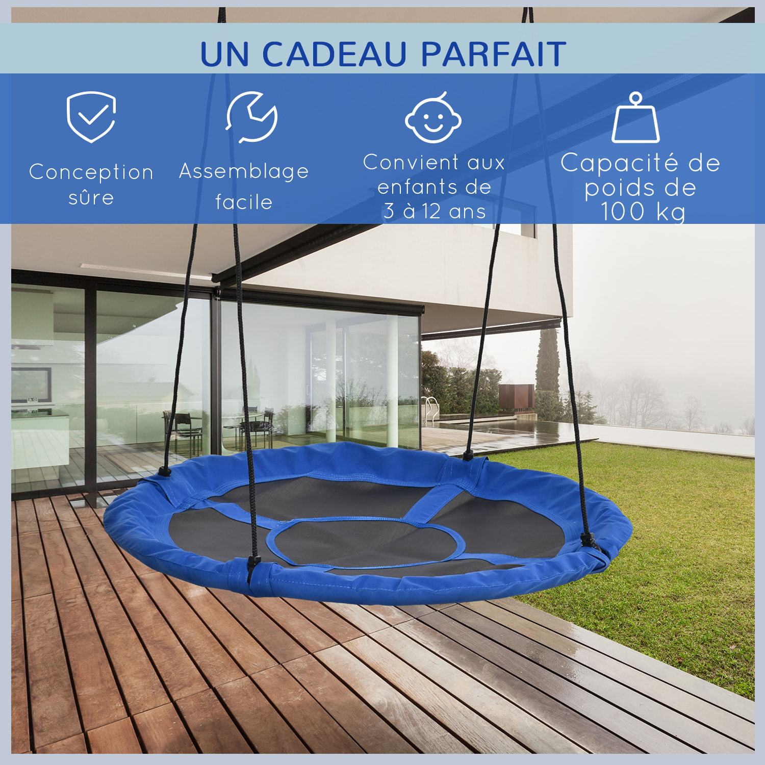 Balançoire nid d'oiseau ronde Ø 110 cm 4 anneaux inclus bleu