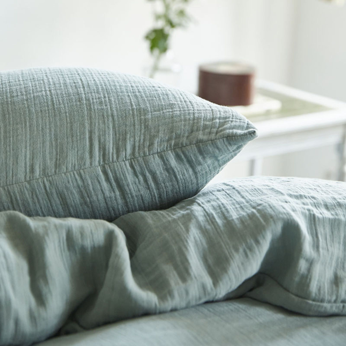 Housse de couette unie en gaze de coton lavée, TENDRESSE, Bleu Céladon