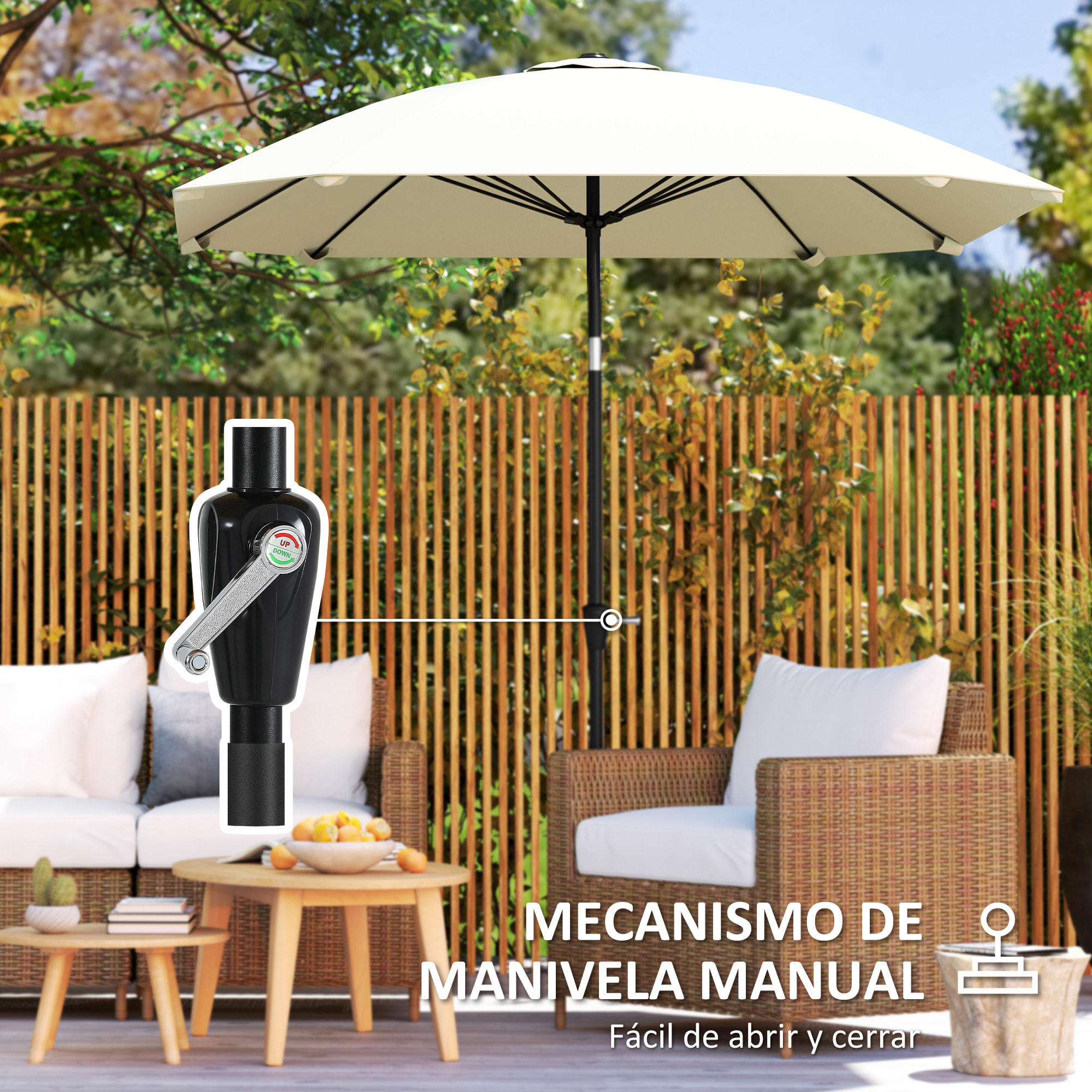 Sombrilla Terraza Exterior 233x233 cm Sombrilla de Jardín con ángulo Ajustable Impermeable Poste de Aluminio Varillas de Fibra de Vidrio y Manivela Parasol para Patio Terraza Crema