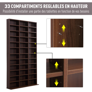 Étagère rangement CD/DVD meuble de rangement pour 1116 CDs 33 compartiments réglables en hauteur 102 x 24 x 195 cm marron