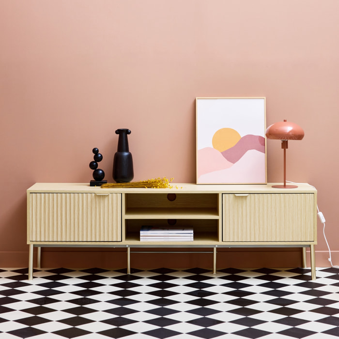 Meuble TV décor bois rainuré et métal champagne. 2 portes 160cm