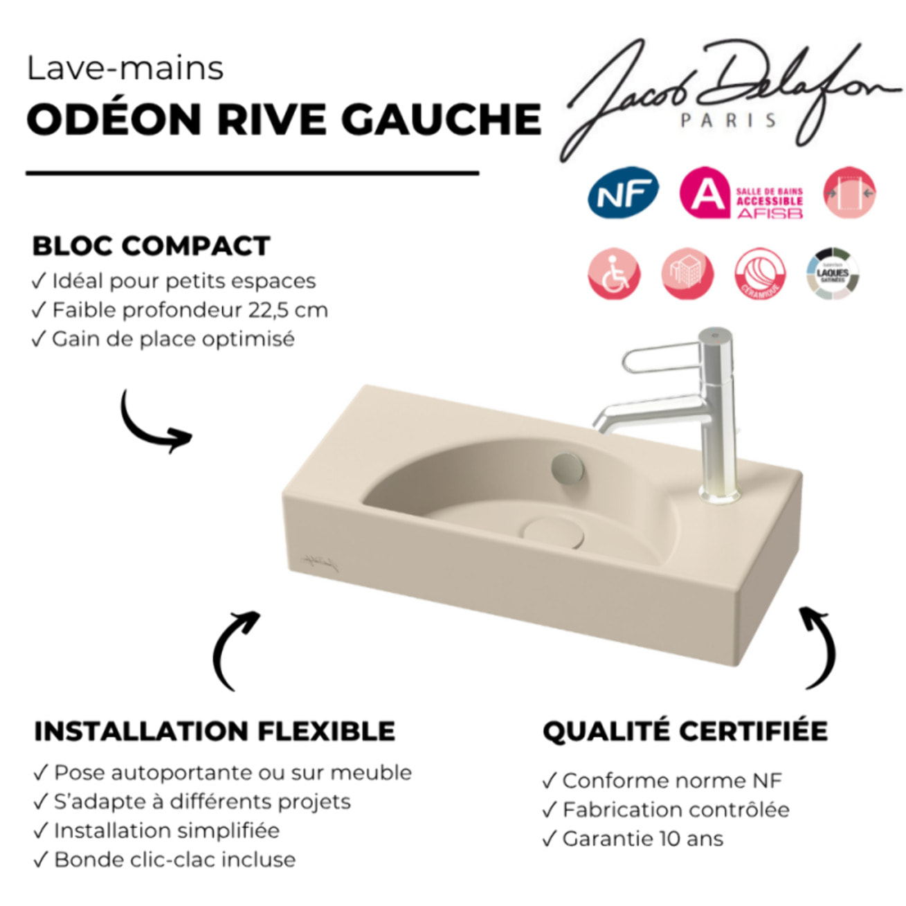 Lave-mains compact 50 cm Odéon Rive Gauche 1 trou de robinetterie à droite Argile satiné avec bonde