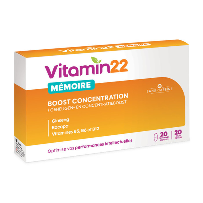 VITAMIN' 22 - Mémoire - Boost Concentration - Aide à soutenir les performances intellectuelles au quotidien - Cure 20 jours