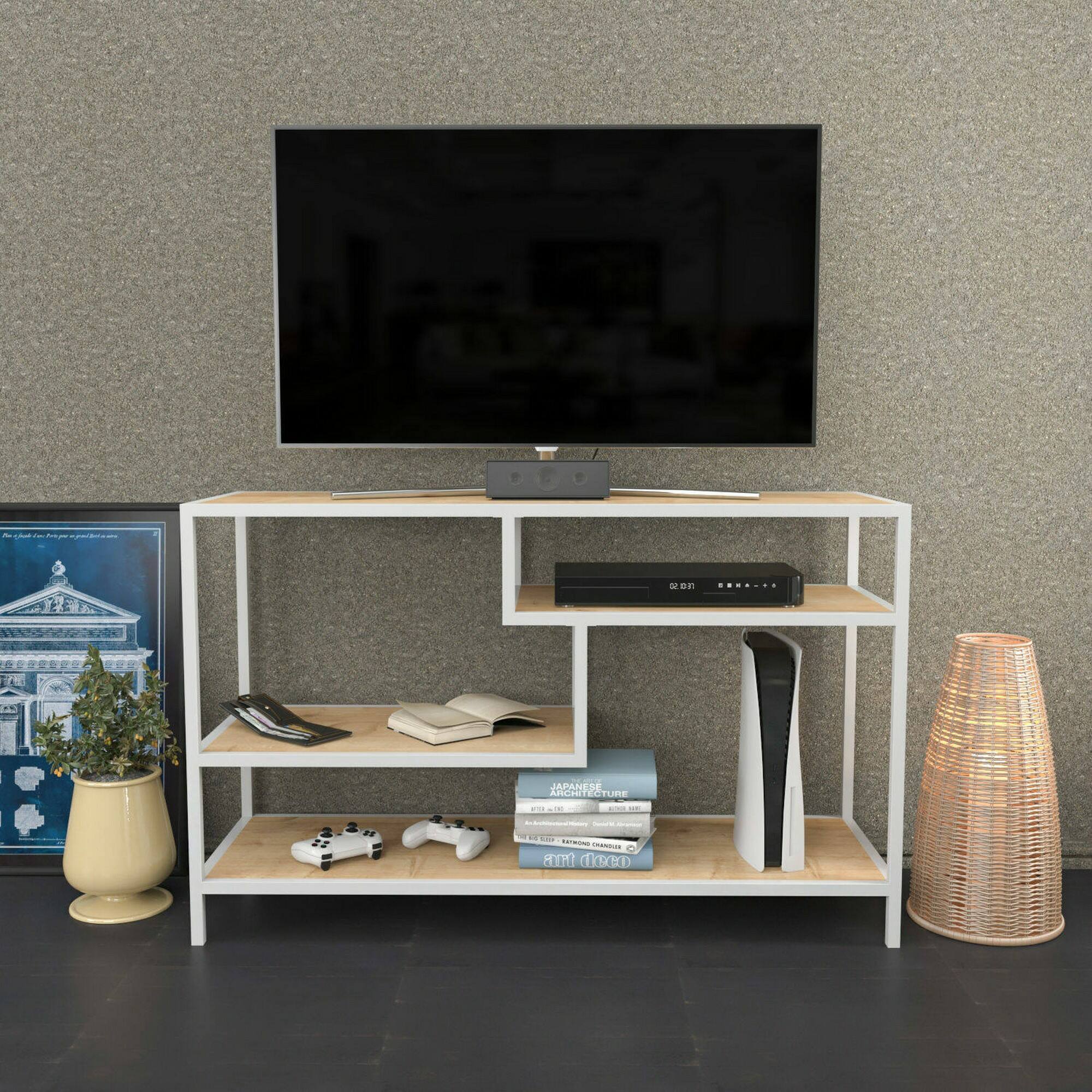 Mobile porta TV Dplizzar, Credenza da soggiorno, Armadio basso per TV, Base parete attrezzata, 120x39h75 cm, Bianco e Rovere