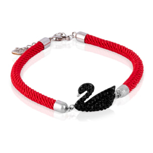 Pulsera roja de hilo de poliéster con diseño trenzado y cisne decorativo de circón negro, detalles en plata de ley 925 y cierre de mosquetón.