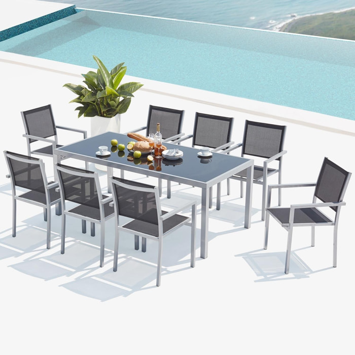 Table de jardin et 8 fauteuils aluminium et textilène gris GALINE