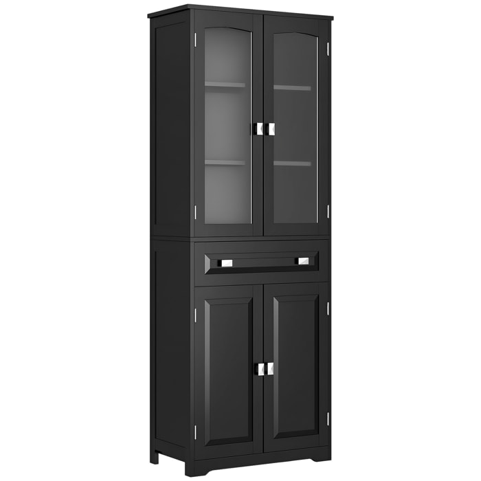 Armoire de cuisine buffet haut 4 portes 3 étagères tiroir verre trempé panneaux MDF noir