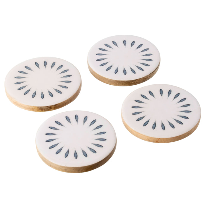 J-Line Dessous de verre Rond - bois - bleu foncé/blanc - set de 4