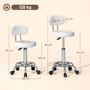 Taburete Giratorio Taburete con Ruedas y Respaldo Taburete de Trabajo con Altura Regulable 70-86 cm Asiento Tapizado de Cuero Sintético Blanco