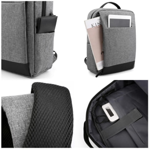 DAM Mochila multi compartimento porta Laptop 15,6''. Alta resistencia. Toma USB externa, salida de auriculares. 30x12x40 Cm. Color: Gris