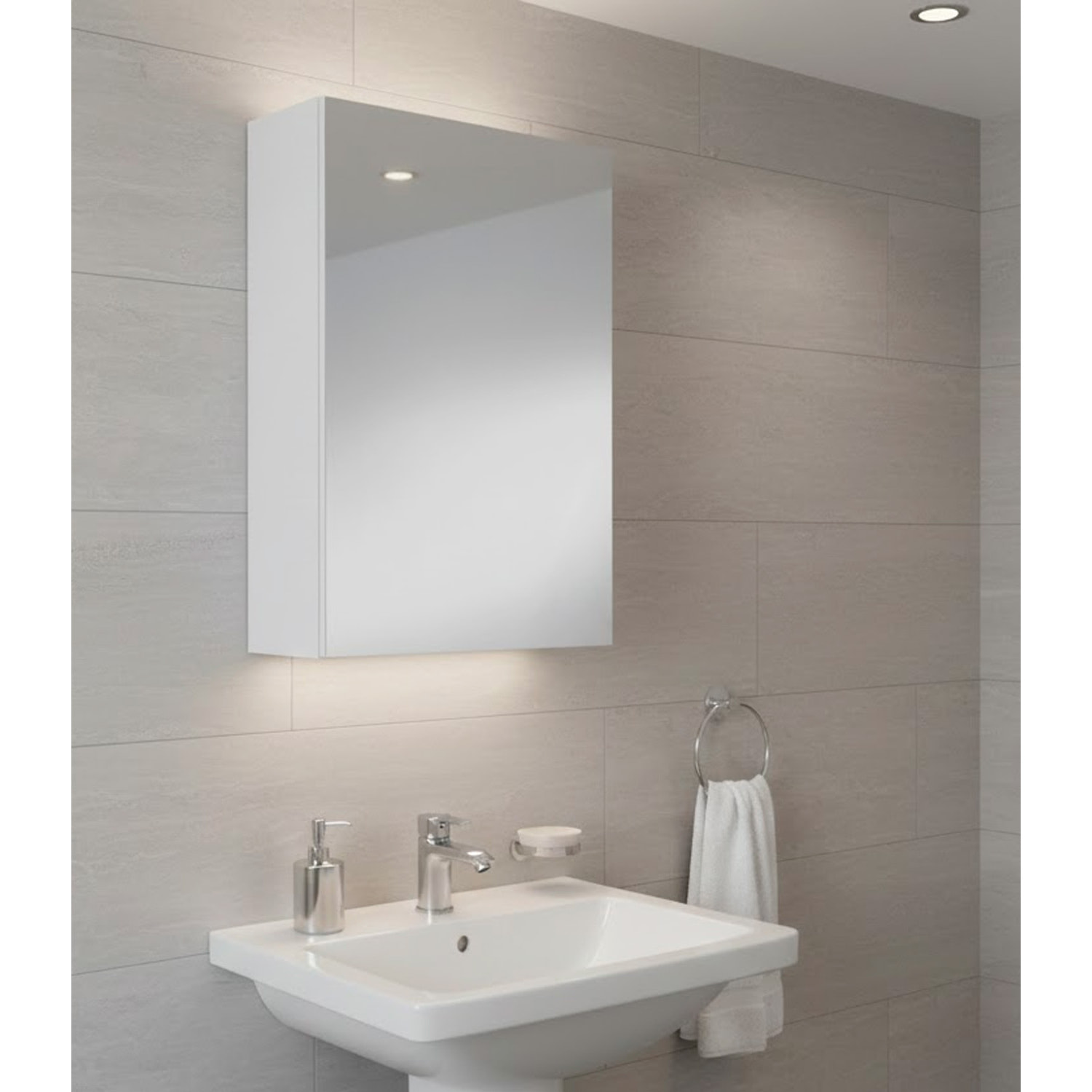 Pensile Bagno Con Anta A Specchio E Ripiani Interni Mobile Sospeso Salvaspazio In Melaminico Arredo Bagno Moderno Minimal  65 x 40 x 21 Cm Bianco