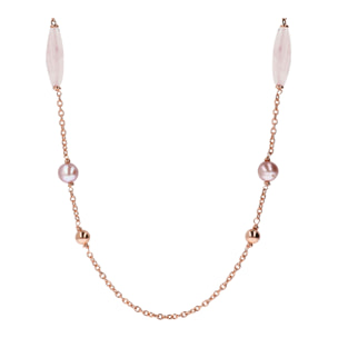 Collana Lunga con Bead Lucide, Quarzo Rosa e Perle Ming d'Acqua Dolce Ø 9/10 mm