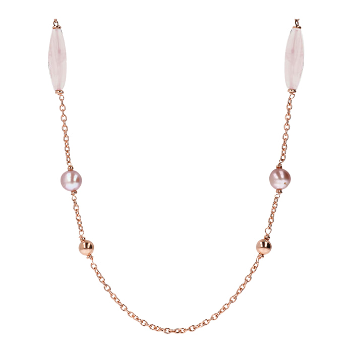 Collana Lunga con Bead Lucide, Quarzo Rosa e Perle Ming d'Acqua Dolce Ø 9/10 mm