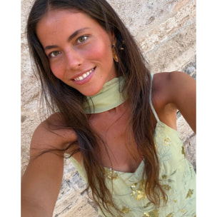Vestido midi con cuerpo de bordados y gasa