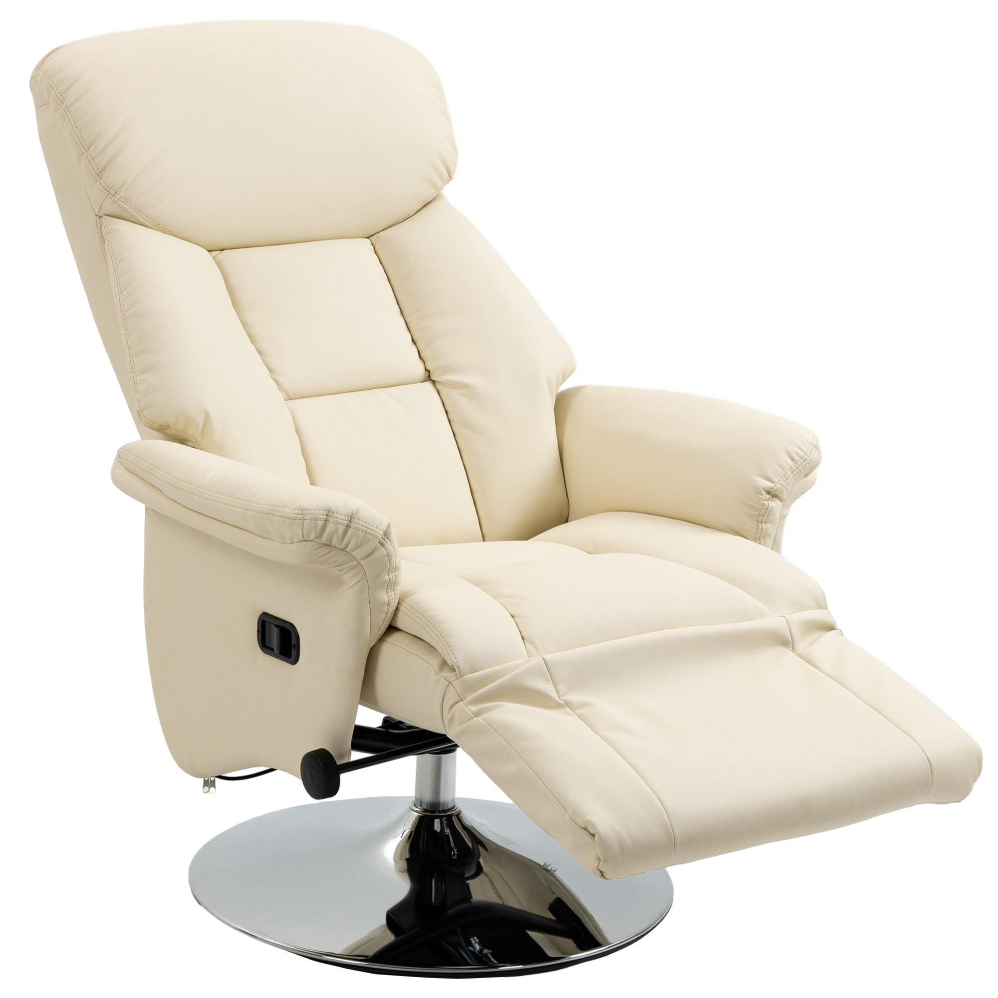 Fauteuil relax inclinable repose-pied réglable pivotant 360° piètement métal chromé revêtement synthétique crème