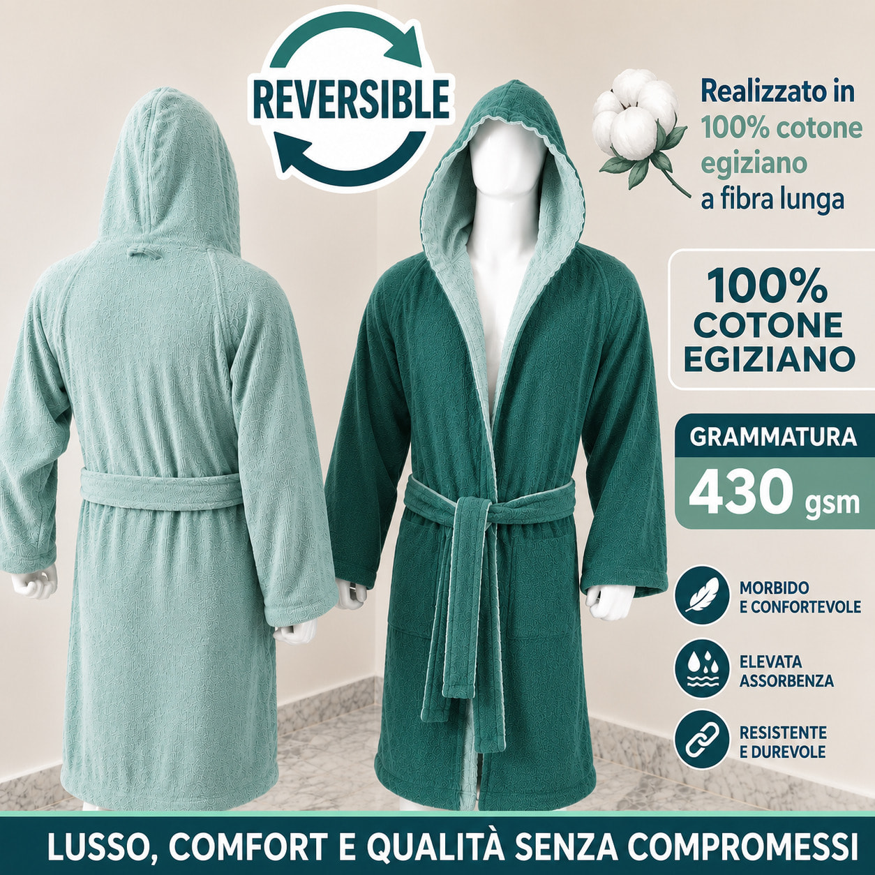 COTONE EGIZIANO Accappatoio Reverse in cotone egiziano 430 gr_Tiffany Smerald