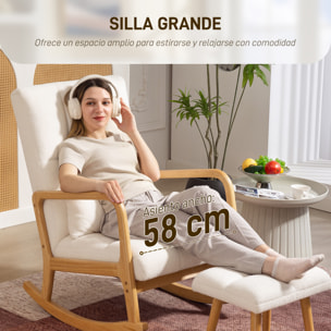 Silla Mecedora con Reposapiés, Sillón de Relax Tapizado en Bouclé con Cojín Acolchado, Respaldo Ergonómico, Reposabrazos y Patas de Madera, Carga 120 kg, para Salón, Dormitorio, Blanco