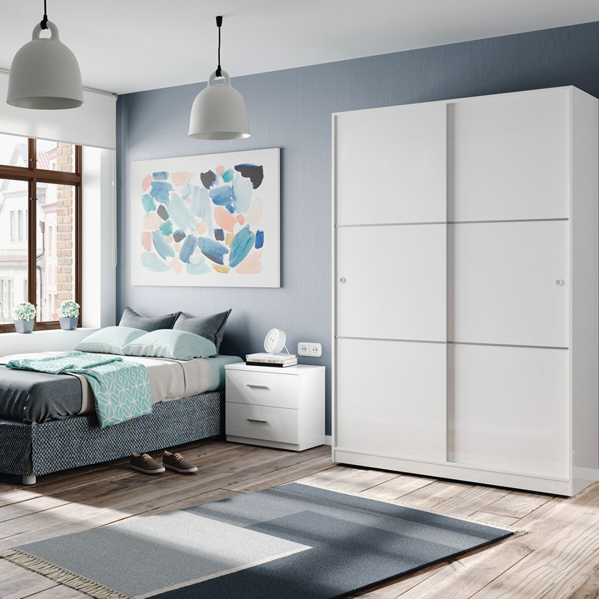 Armario 2 Puertas Correderas Anchas 200x120x50 Cm Blanco Brillo