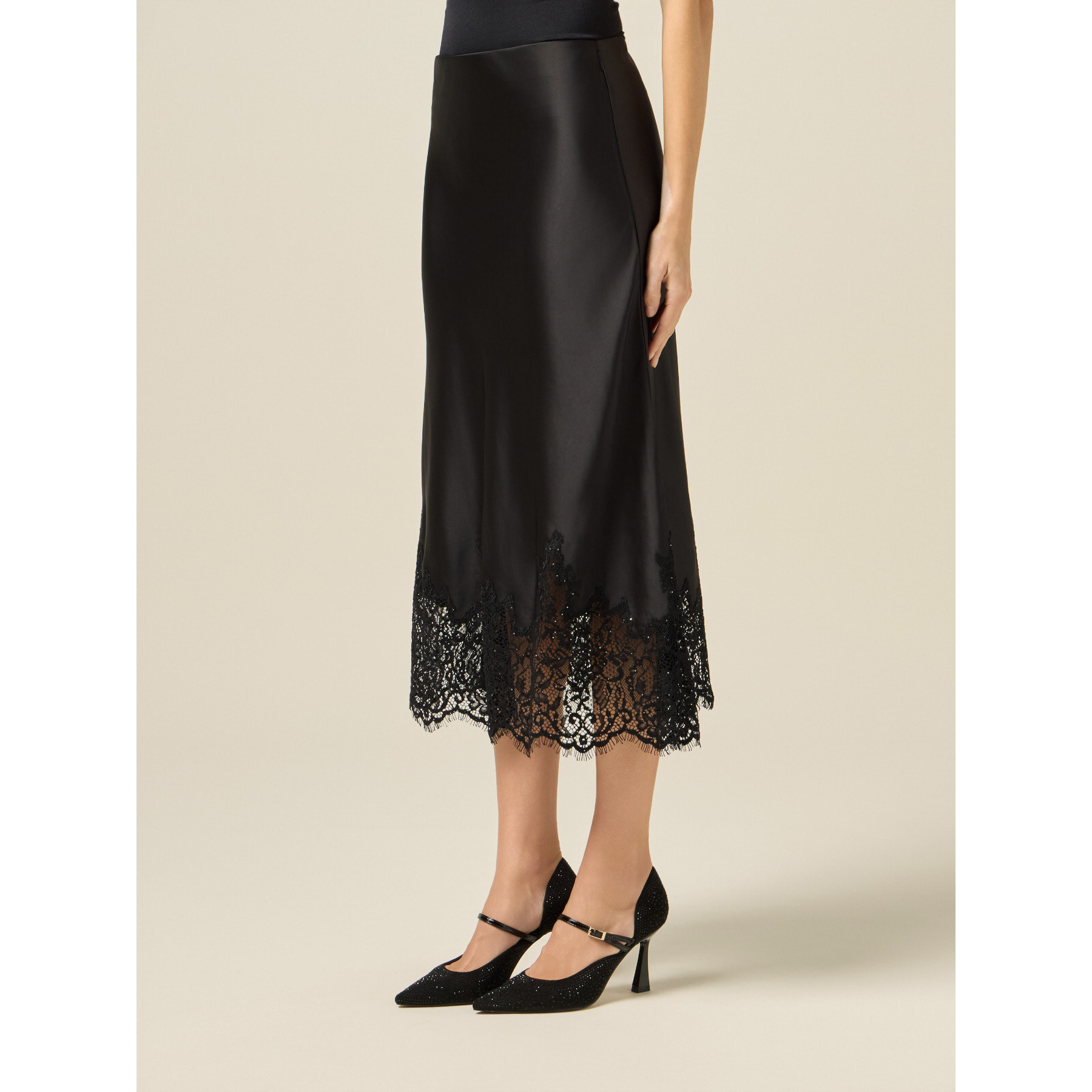 Oltre - Gonna tubino in raso con pizzo - Nero