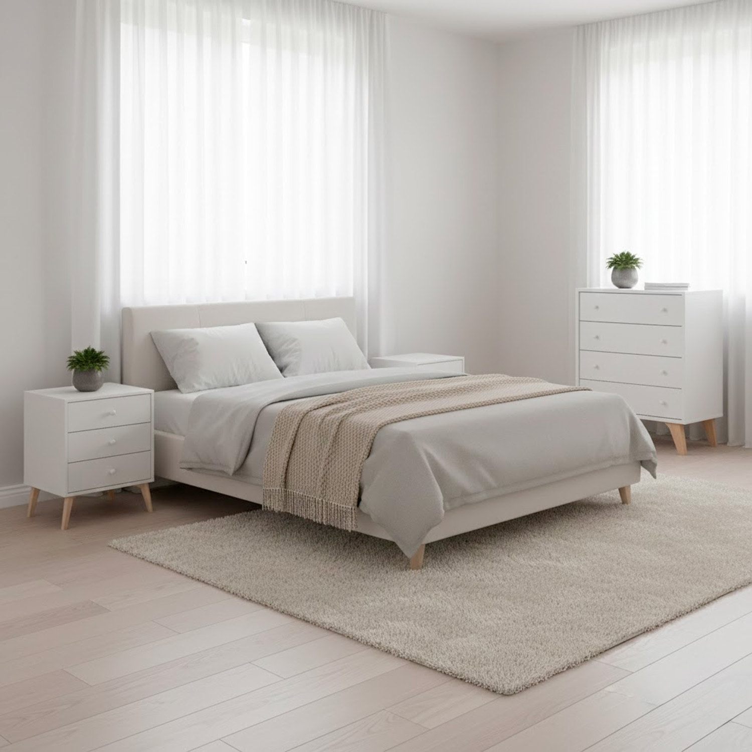 Comò A 4 Cassetti Comodino Stile Scandinavo Cassettiera Settimino Per Camera da Letto Con Gambe Nordiche Guide Metalliche 77.5x40x95 Cm Bianco Opaco