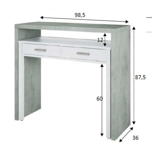 Consolle Billings, Scrivania con piano estensibile, Scrittoio porta PC con 2 cassetti, cm 99x36h88, Cemento e Bianco