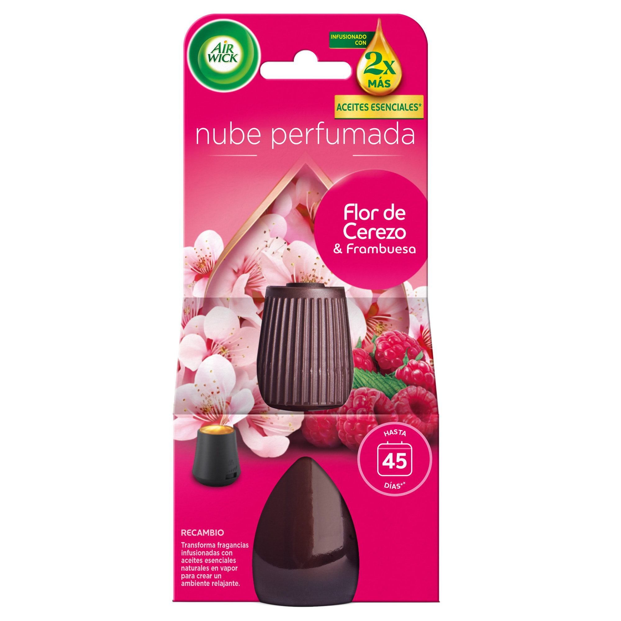 Air Wick Essential Mist - Ambientador difusor aceites esenciales para casa con aroma a Flor de Cerezo y Frambuesa - Recambio