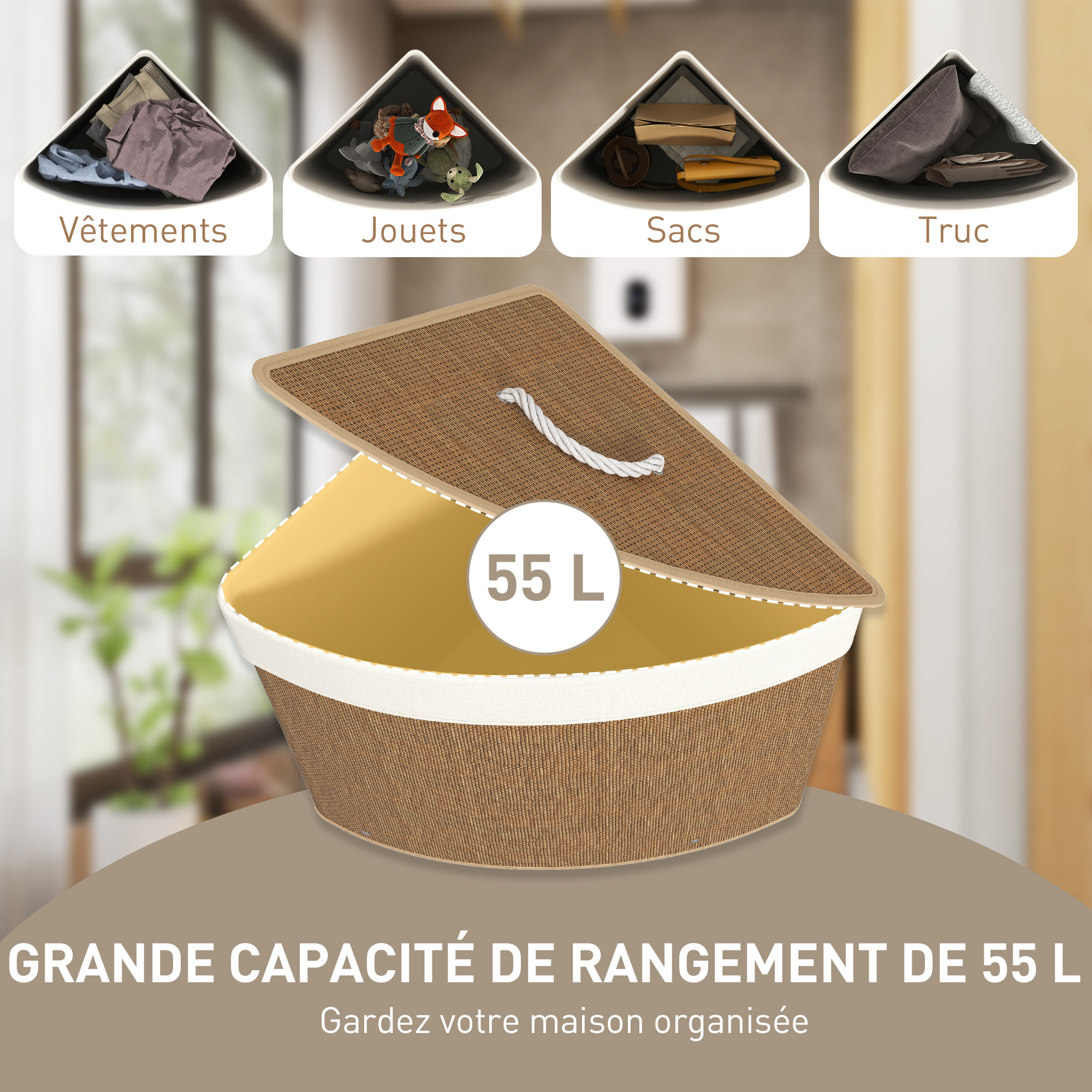 Panier à linge d'angle bambou 55L déhoussable lavable marron