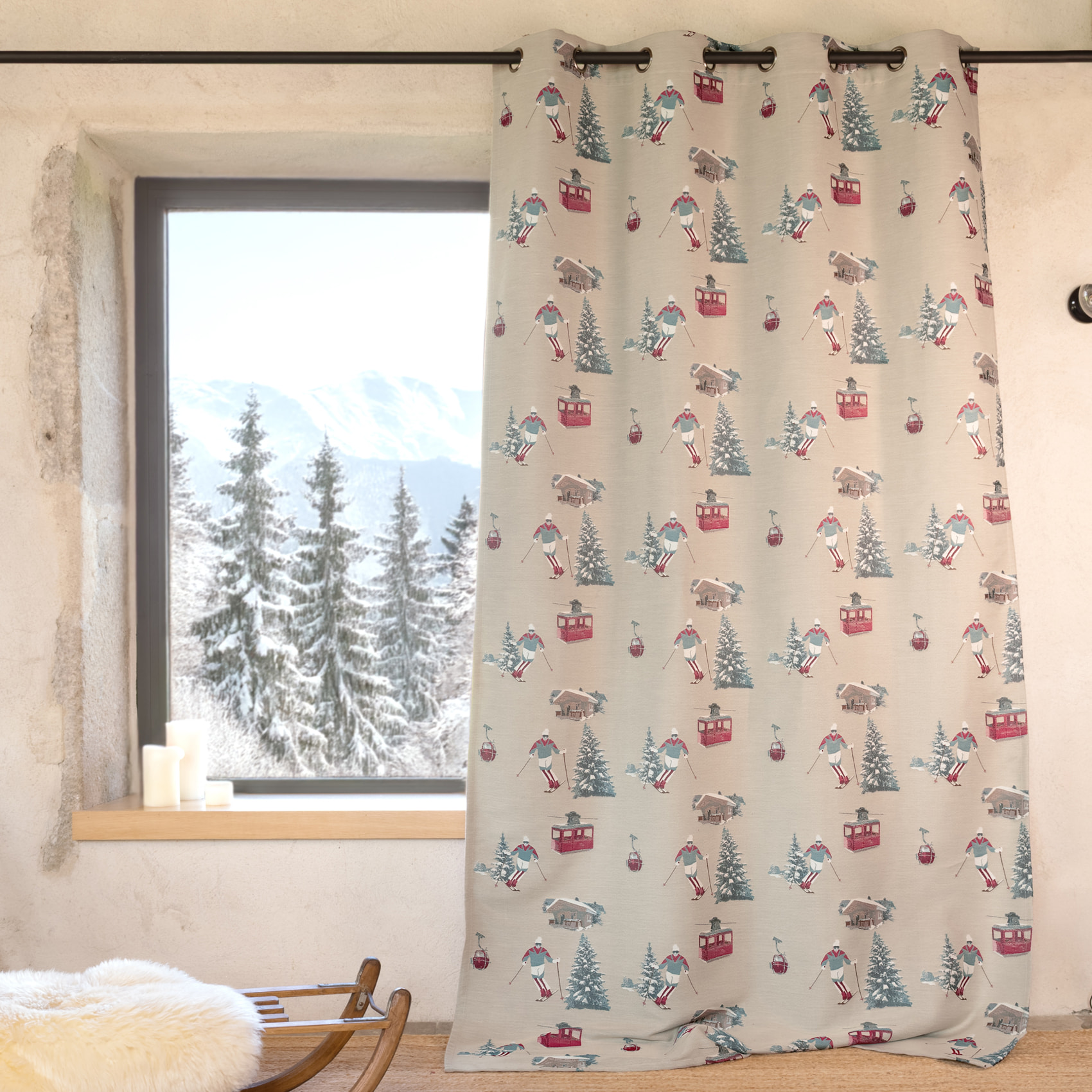 Rideau jacquard à œillets avec motifs skieurs et sapins - Lin