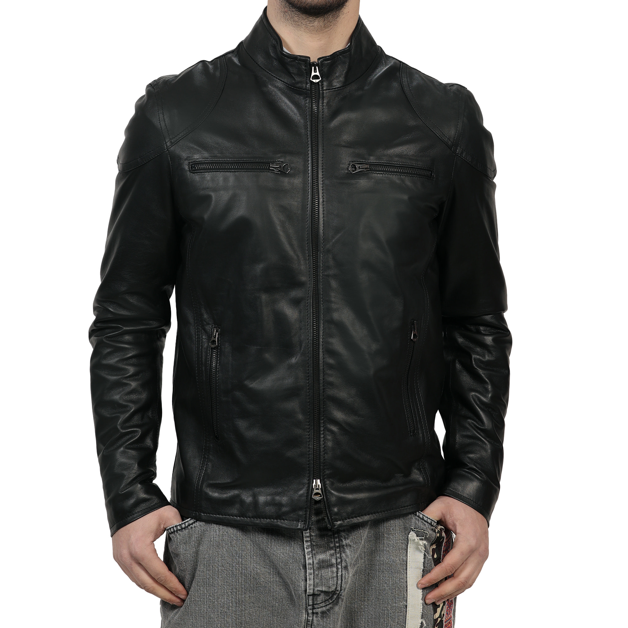 Giubbino in pelle di vitello nappa Nero-Slim Fit