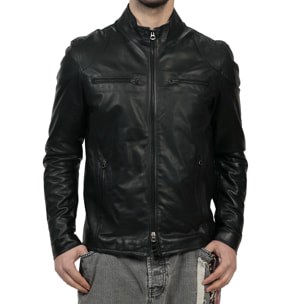 Giubbino in pelle di vitello nappa Nero-Slim Fit