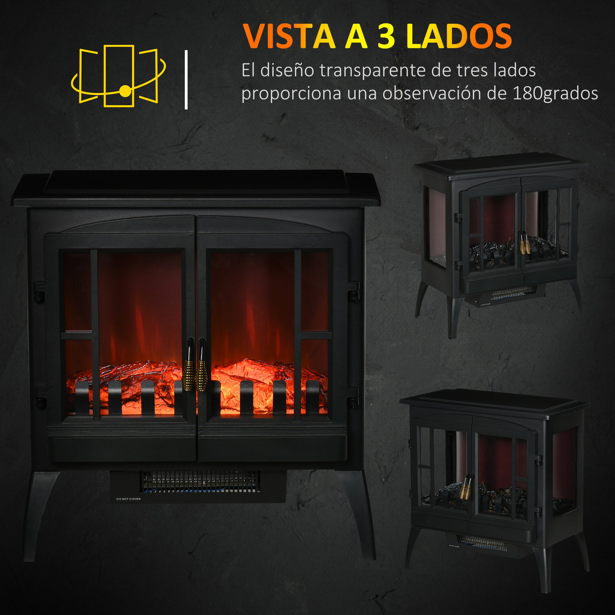 Chimenea Eléctrica 1000 W/2000 W Chimenea Decorativa con Ventanas LED Llamas Brillo Ajustable y Protección Sobrecalentamiento para 15-20 ㎡ 60x37x60,5 cm Negro