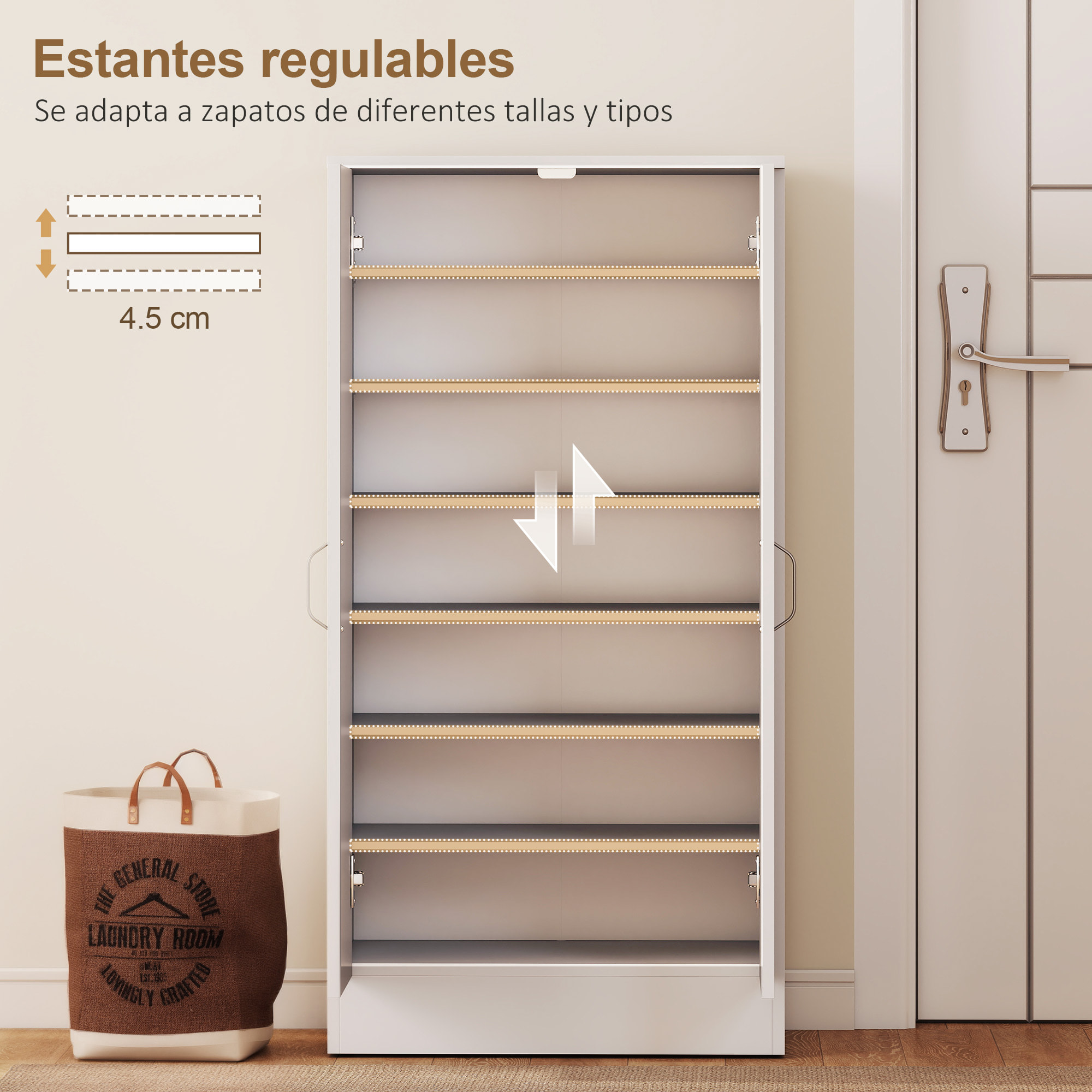 Zapatero de 2 Puertas, Zapatero Entrada Recibidor con 6 Estantes Ajustables, para 14 Pares de Zapatos, 55x35x108 cm, Blanco