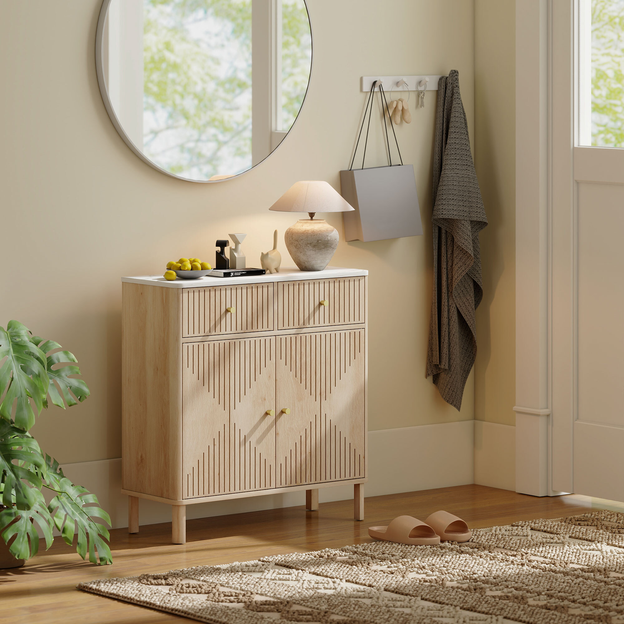 Buffet 2 portes style bois naturel plateau effet marbre blanc dim. 77 x 30 x 80 cm poignées métal doré