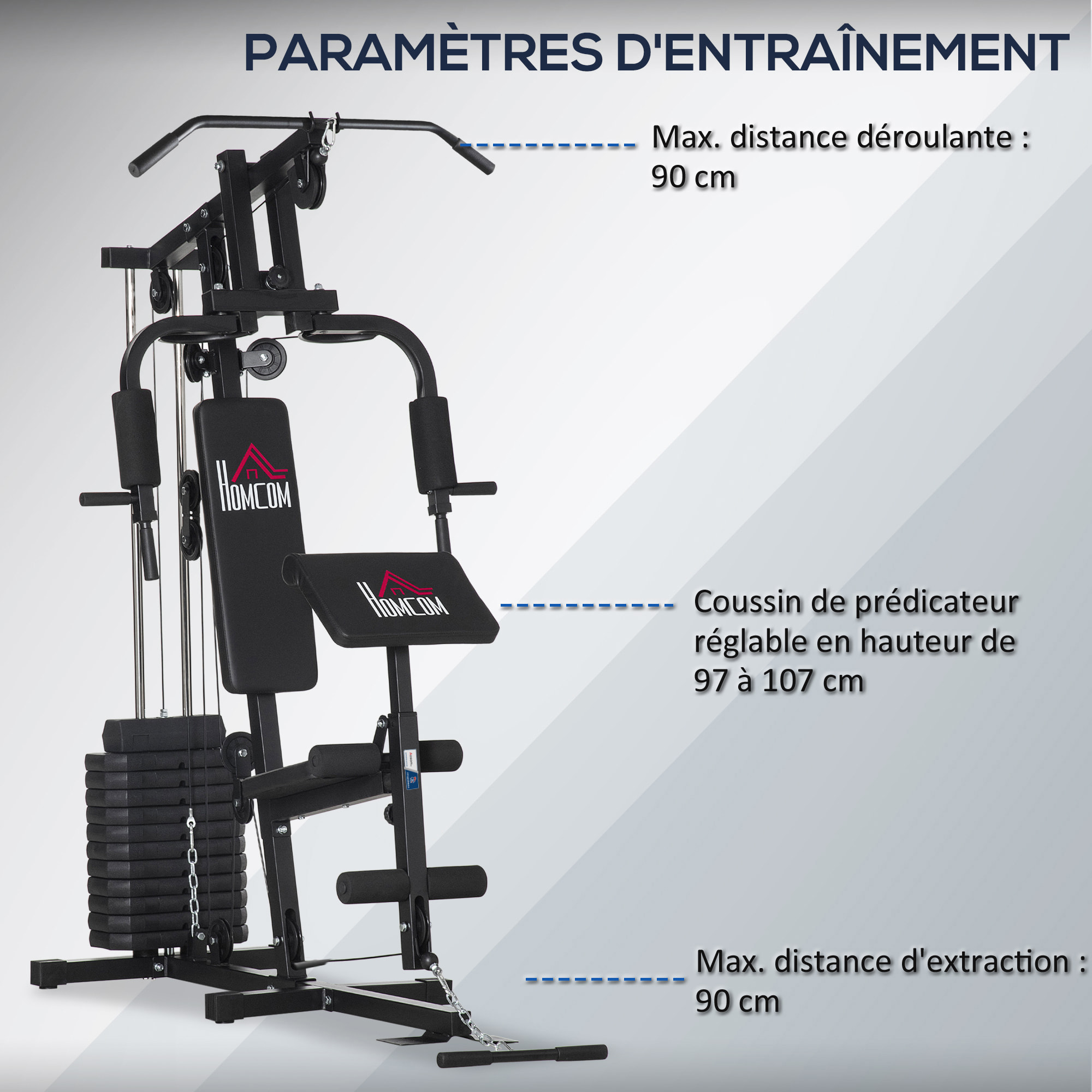 Station de musculation - entrainement complet - développé couché, butterfly, barre latissimus, curler, bande résistance - 12 contrepoids - acier noir