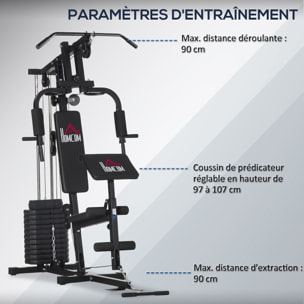 Station de musculation - entrainement complet - développé couché, butterfly, barre latissimus, curler, bande résistance - 12 contrepoids - acier noir