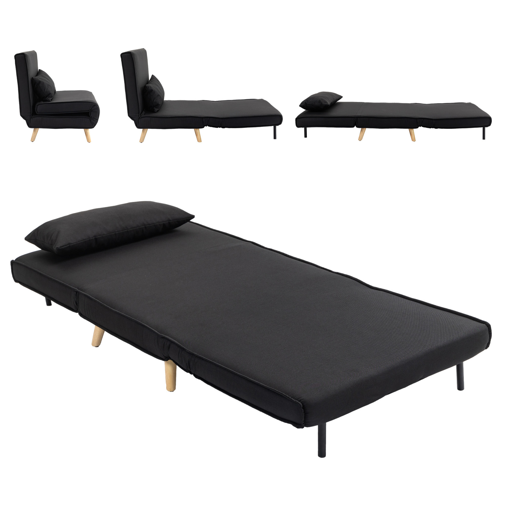 Sofá Cama Individual 3 en 1, Sillón Cama Plegable con Respaldo Ajustable en 6 Posiciones, Asiento Amplio, Almohada Acolchada, Patas de Madera, Carga 350 kg, 94x78x80 cm, Negro