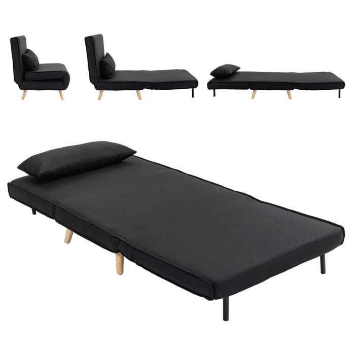 Sofá Cama Individual 3 en 1, Sillón Cama Plegable con Respaldo Ajustable en 6 Posiciones, Asiento Amplio, Almohada Acolchada, Patas de Madera, Carga 350 kg, 94x78x80 cm, Negro