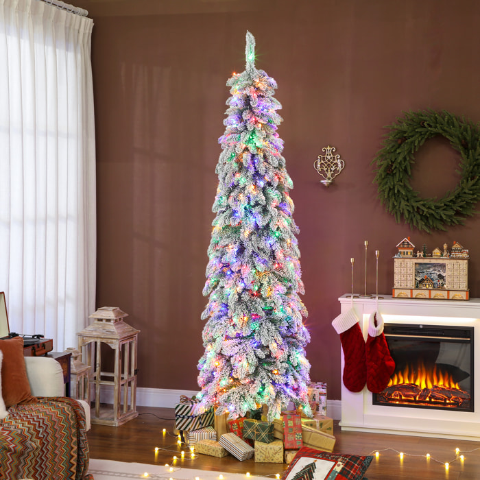 Árbol de Navidad Estrecho 225 cm, Árbol de Navidad Nevado con Luces LED Bicolores, Temporizador, 11 Modos de Iluminación, 800 Ramas, Soporte de Acero, Fácil de Montar, Verde