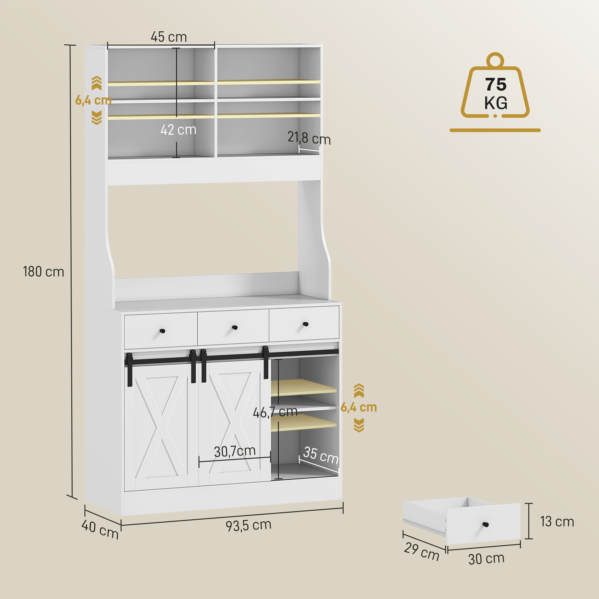 Alacena de Cocina Mueble Auxiliar de Cocina con 2 Puertas Corredizas 3 Cajones Encimera para Microondas y Estantes Ajustables Estilo Granja Blanco 93,5x40x180 cm