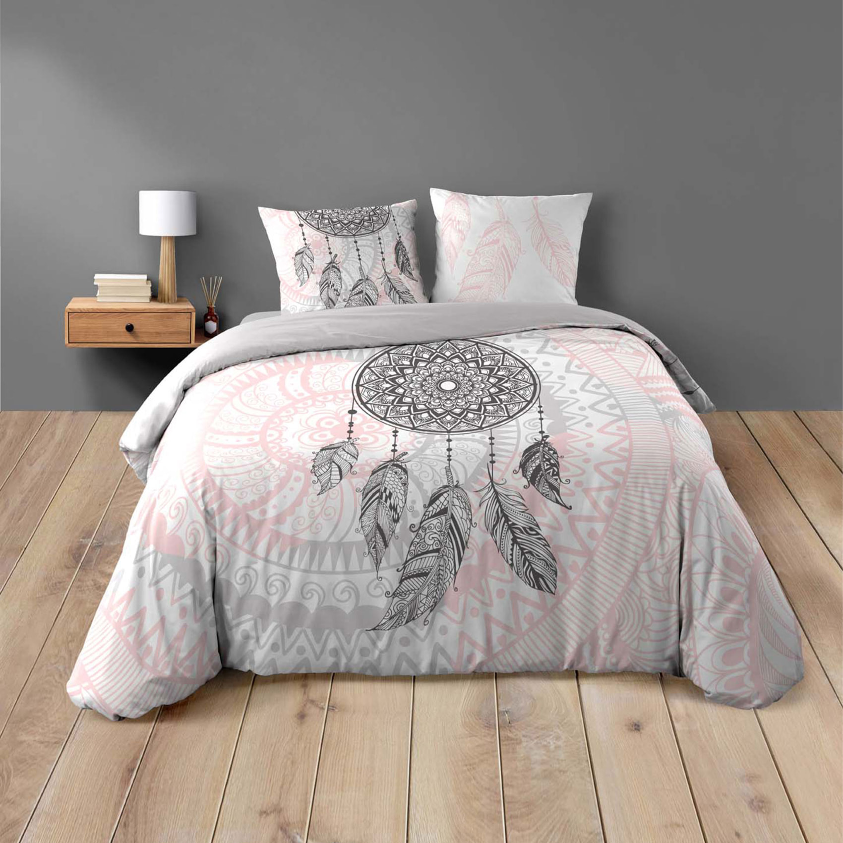 Parure de lit 3 pièces coton motif attrape-rêves housse + taies - Rose