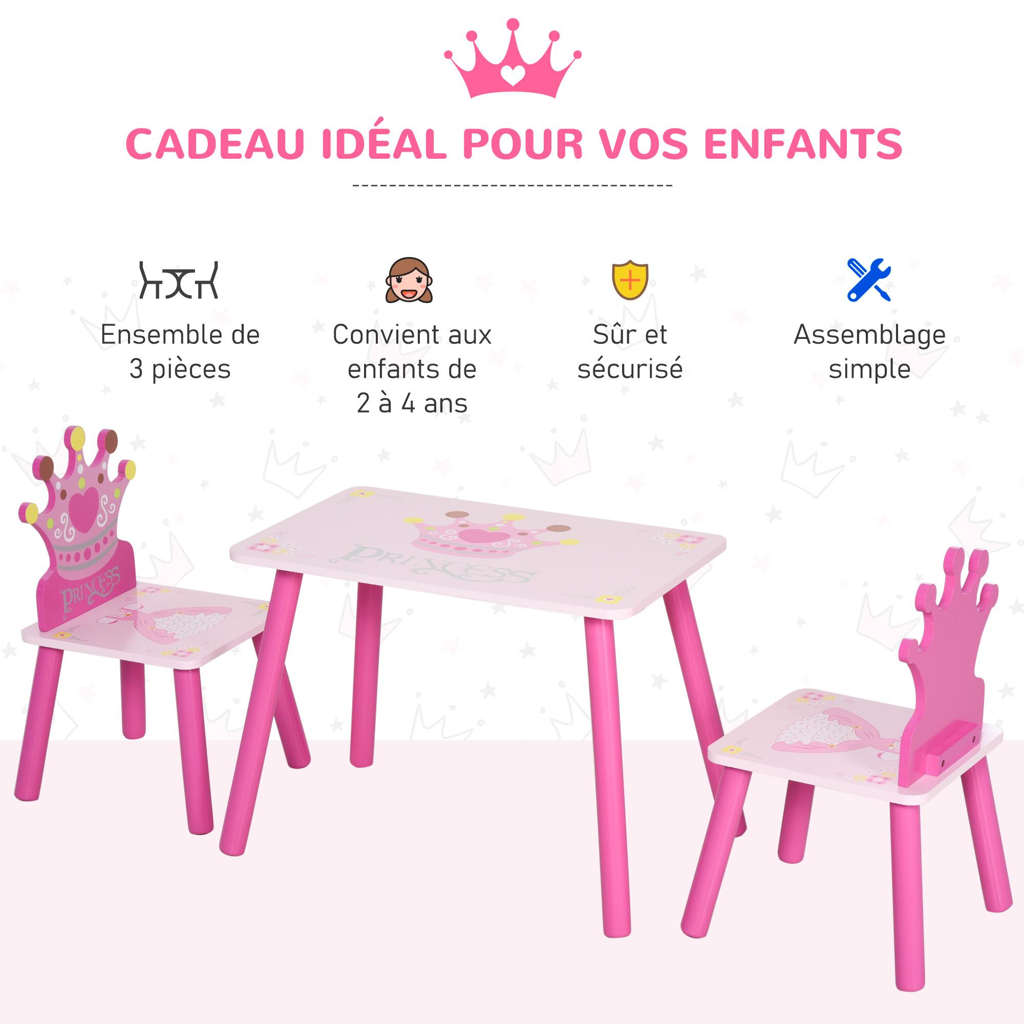 Ensemble table et chaises enfant design princesse motif couronne bois pin MDF rose