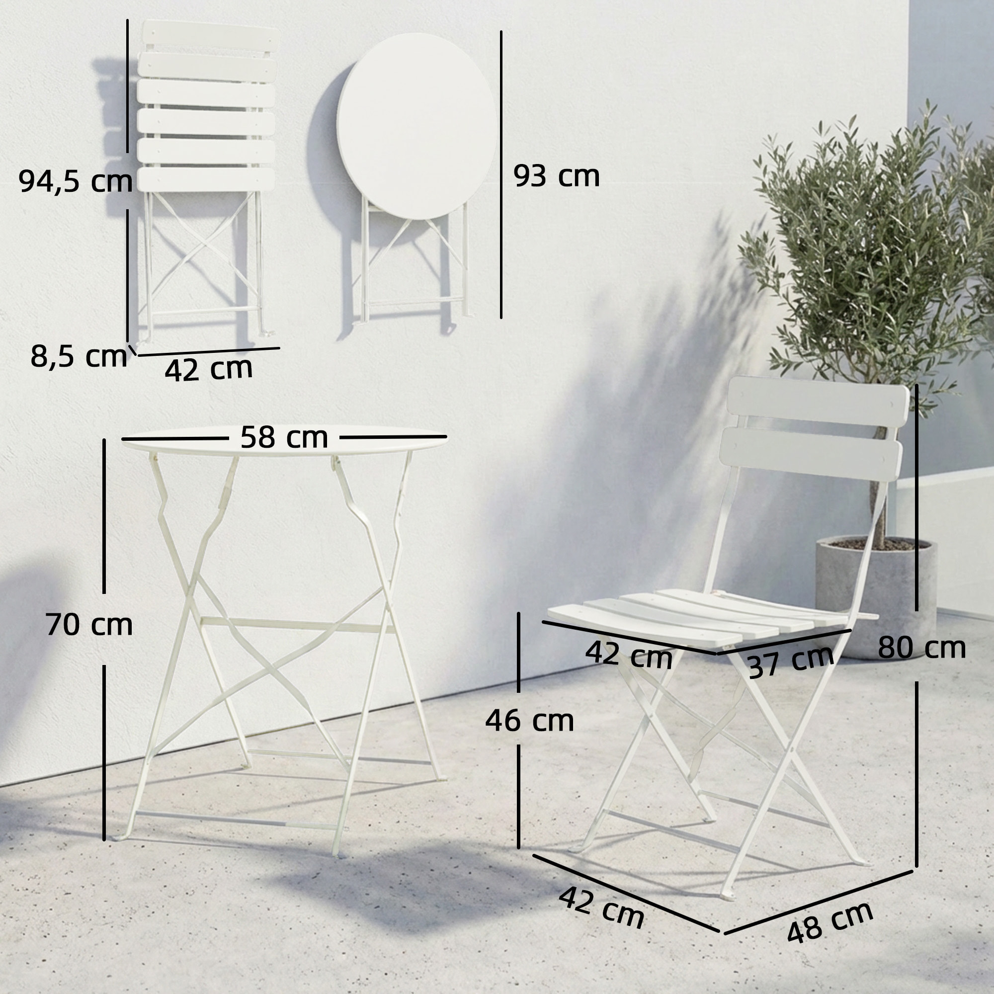Conjunto de Mesa y Sillas de Terraza Exterior Plegable 3 Piezas, Muebles de Jardín Exterior con 2 Sillas Plegables, Mesa Redonda, Estructura Metálica Electrofórica para Patio, Balcón, Crema