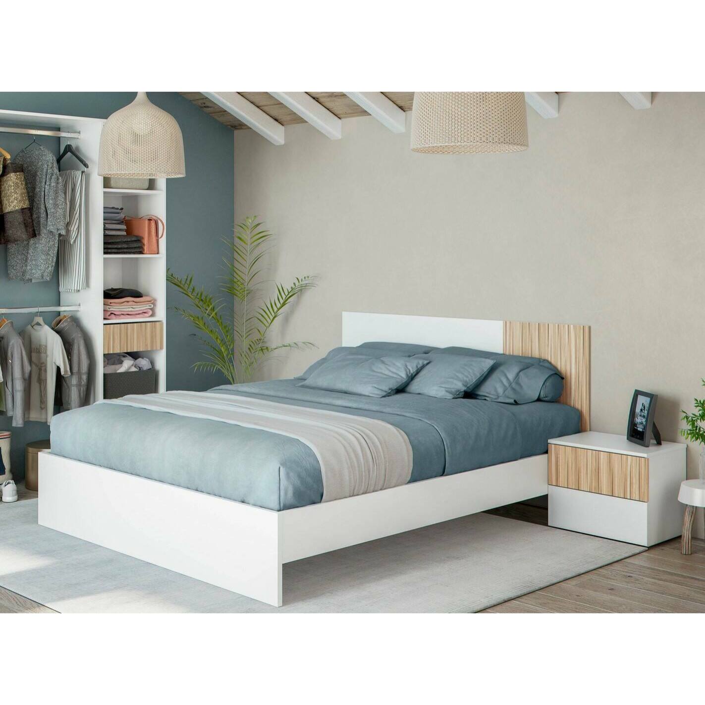 Testiera letto Yuma, Testata letto con 2 comodini, Set per camera da letto, 266x34h89 cm, Bianco e Rovere