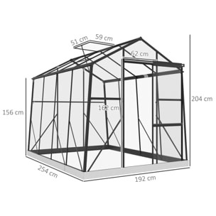 Invernadero de Jardín Policarbonato 2x2,5x2 m Invernadero de Huerto Vivero Casero con Marco de Aleación de Aluminio Ventana Regulable en 5 Niveles y Base para Cultivo Transparente y Negro